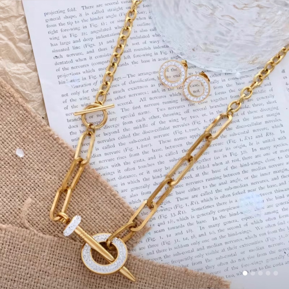 Necklace & Earrings Set Golden with Rhinestones NAIL within CIRCLE 14K GP (New)